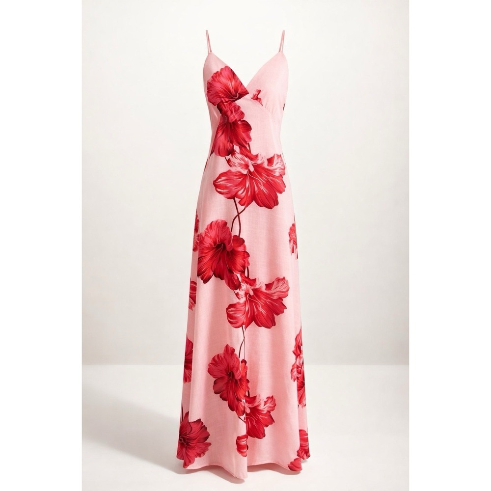 Paper Heart Pink Red‎ Floral Linen Blend Maxi Dress